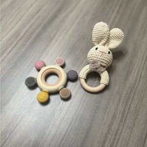 Crochet Bunny Rattle and Teether Set - Cream and Pastel